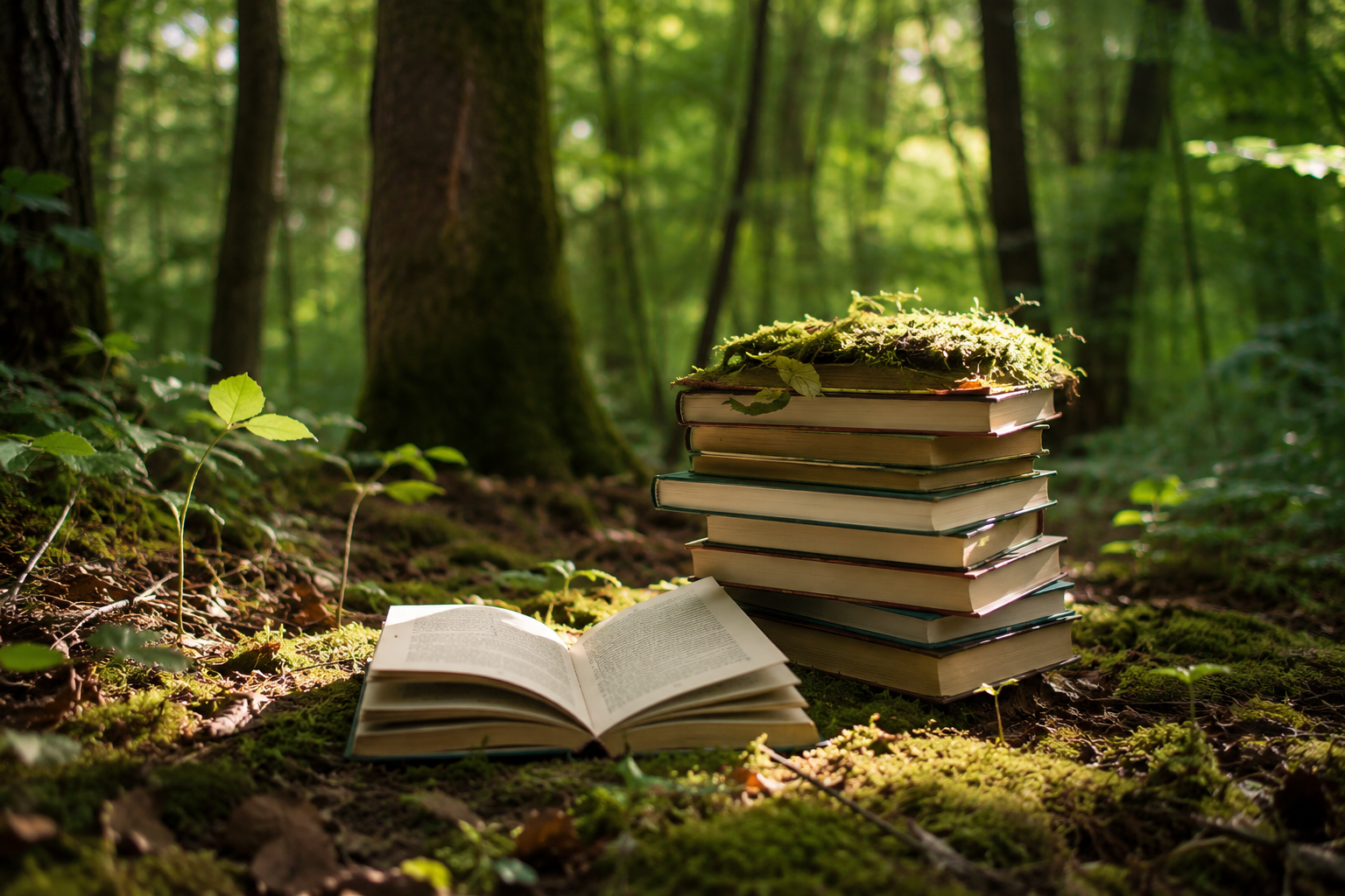 Bücherstapel auf einem Waldboden